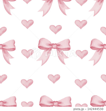 Seamless watercolor pattern with pink bows and hearts on white background, Illustrations for romantic Valentine designs, nursery wallpaper, and girls fabric prints, baby shower and packaging Seamless watercolor pattern with pink bows and hearts on white background, Illustrations for romantic Valentine designs, nursery wallpaper, and girls fabric prints, baby shower and packaging 142444530