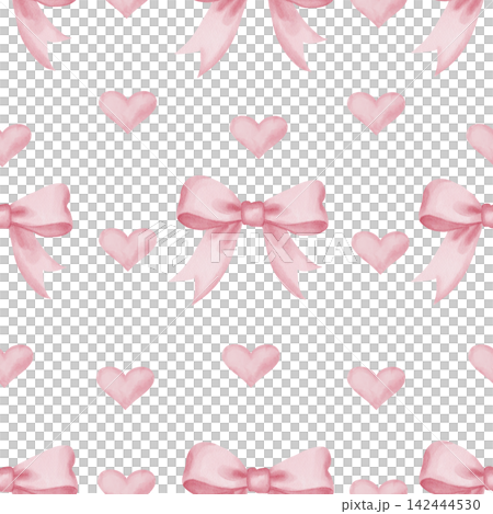 Seamless watercolor pattern with pink bows and hearts on white background, Illustrations for romantic Valentine designs, nursery wallpaper, and girls fabric prints, baby shower and packaging Seamless watercolor pattern with pink bows and hearts on white background, Illustrations for romantic Valentine designs, nursery wallpaper, and girls fabric prints, baby shower and packaging 142444530