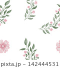 Seamless watercolor pattern with green branches and pink flowers on white background. For nursery wallpaper, textile designs, wedding stationery, packaging, cosmetics, fabric 142444531