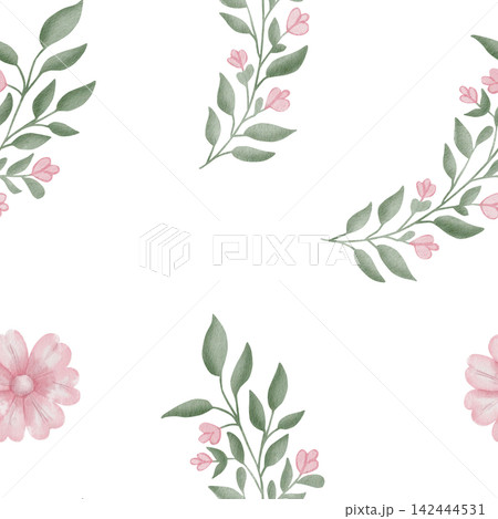 Seamless watercolor pattern with green branches and pink flowers on white background. For nursery wallpaper, textile designs, wedding stationery, packaging, cosmetics, fabric Seamless watercolor pattern with green branches and pink flowers on white background. For nursery wallpaper, textile designs, wedding stationery, packaging, cosmetics, fabric 142444531