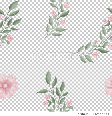 Seamless watercolor pattern with green branches and pink flowers on white background. For nursery wallpaper, textile designs, wedding stationery, packaging, cosmetics, fabric Seamless watercolor pattern with green branches and pink flowers on white background. For nursery wallpaper, textile designs, wedding stationery, packaging, cosmetics, fabric 142444531