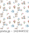 Seamless watercolor pattern with cute grey mouse characters gardening with blue watering cans and flowers daisy, chamomile, on white background. For nursery fabric and wallpaper, school education 142444532