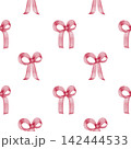 Seamless watercolor pattern of minimalist pink bows and ribbons on white background, perfect for romantic wedding designs, nursery wallpaper, girls textile prints, valentines card, party invitations 142444533