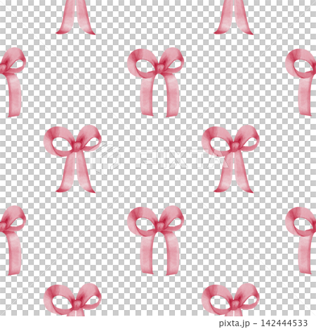 Seamless watercolor pattern of minimalist pink bows and ribbons on white background, perfect for romantic wedding designs, nursery wallpaper, girls textile prints, valentines card, party invitations Seamless watercolor pattern of minimalist pink bows and ribbons on white background, perfect for romantic wedding designs, nursery wallpaper, girls textile prints, valentines card, party invitations 142444533