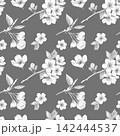 Seamless pattern hand-drawn pencil sketches of cherry blossom branches and flowers on grey background, for vintage monochrome botanical textiles and rustic wedding decor, wallpaper. 142444537