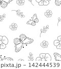 Seamless black and white line art pattern with butterfly and flower outlines. Cute vector illustration for kids' coloring books, printable botanical textiles, and creative spring wallpaper designs 142444539