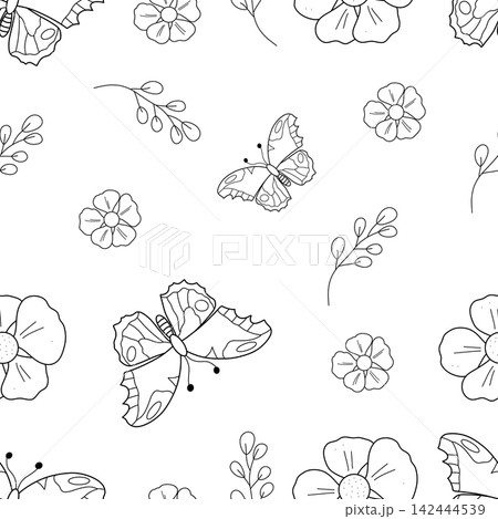 Seamless black and white line art pattern with butterfly and flower outlines. Cute vector illustration for kids' coloring books, printable botanical textiles, and creative spring wallpaper designs Seamless black and white line art pattern with butterfly and flower outlines. Cute vector illustration for kids' coloring books, printable botanical textiles, and creative spring wallpaper designs 142444539