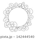Black and white line art frame with circular floral border, flowers and foliage, cute vector illustration for kids' coloring pages, printable wedding invitations, and copy space invitation templates 142444540
