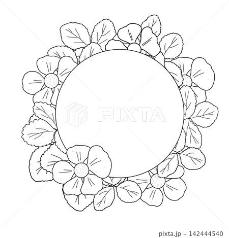Black and white line art frame with circular floral border, flowers and foliage, cute vector illustration for kids' coloring pages, printable wedding invitations, and copy space invitation templates Black and white line art frame with circular floral border, flowers and foliage, cute vector illustration for kids' coloring pages, printable wedding invitations, and copy space invitation templates 142444540