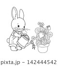 Black and white vector line art illustration of cute bunny wearing overalls pouring watering can strawberry plant for kids' coloring pages and educational gardening school activities 142444542