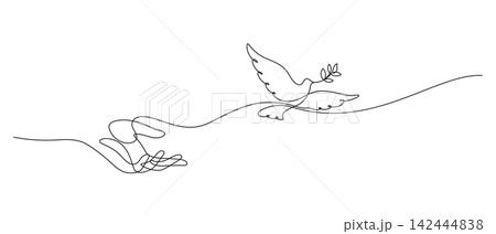 one line drawing continuous of hand releasing dove flying peace day and freedom concept one line drawing continuous of hand releasing dove flying peace day and freedom concept 142444838