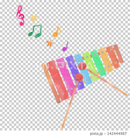 カラフルな木琴と音符と星の優しい水彩イラスト 142444987
