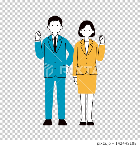 ガッツポーズをするビジネスマンとビジネスウーマンのシンプルな全身ベクターイラスト素材セット ガッツポーズをするビジネスマンとビジネスウーマンのシンプルな全身ベクターイラスト素材セット 142445188
