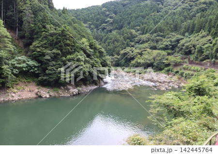京都嵯峨野トロッコ列車から見る保津峡の新緑風景 京都嵯峨野トロッコ列車から見る保津峡の新緑風景 142445764