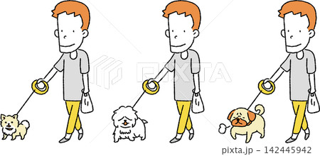 小型犬とお散歩をする男性のイラスト 142445942