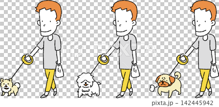 小型犬とお散歩をする男性のイラスト 142445942