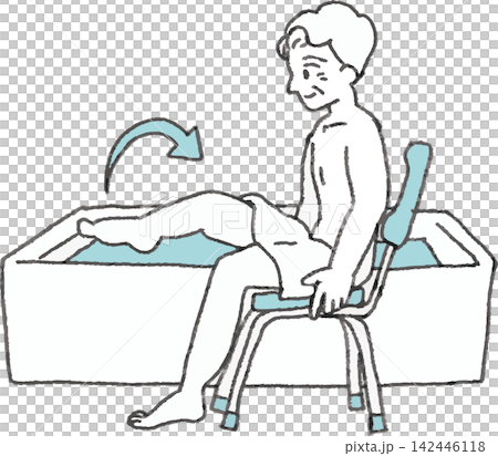 A two-color illustration of a senior citizen safely entering the bathtub using a shower chair. A two-color illustration of a senior citizen safely entering the bathtub using a shower chair. 142446118