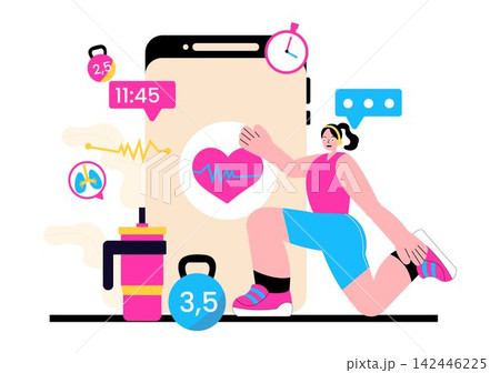 Virtual Fitness App Vector Illustration Featuring Workout Tracking, Smart Devices, Online Training, Health Monitoring and Active Lifestyle 142446225