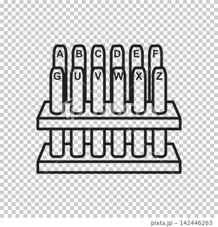Minimalist line art icon of an alphabet letter stamp punch set organized on a two-tier wooden rack. Minimalist line art icon of an alphabet letter stamp punch set organized on a two-tier wooden rack. 142446263