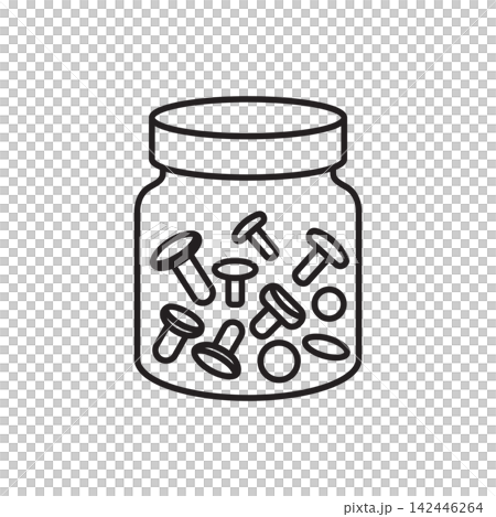 Minimalist line art icon of a glass storage jar filled with an assortment of metal rivets and studs. Minimalist line art icon of a glass storage jar filled with an assortment of metal rivets and studs. 142446264