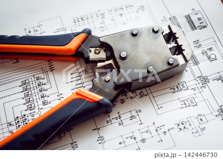 Electrical equipment. Electricity cable and crimper. Electrical equipment. Electricity cable and crimper. 142446730
