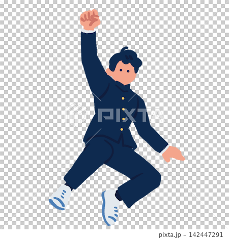 拳を突き上げてジャンプする学生服の男子学生のイラスト 142447291