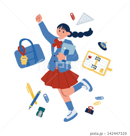 通学グッズに囲まれてガッツポーズする女子学生のイラスト 通学グッズに囲まれてガッツポーズする女子学生のイラスト 142447320