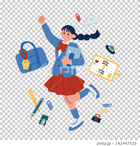 通学グッズに囲まれてガッツポーズする女子学生のイラスト 通学グッズに囲まれてガッツポーズする女子学生のイラスト 142447320