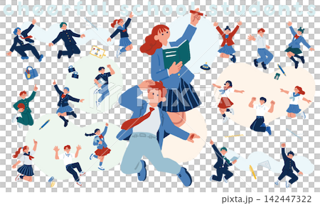 A set of illustrations of 19 students in their school uniforms, jumping and dancing. A set of illustrations of 19 students in their school uniforms, jumping and dancing. 142447322