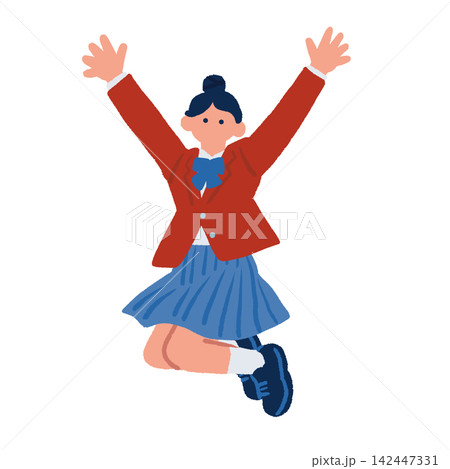 両手を高く掲げて万歳する女子学生のイラスト 両手を高く掲げて万歳する女子学生のイラスト 142447331