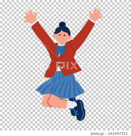 両手を高く掲げて万歳する女子学生のイラスト 両手を高く掲げて万歳する女子学生のイラスト 142447331