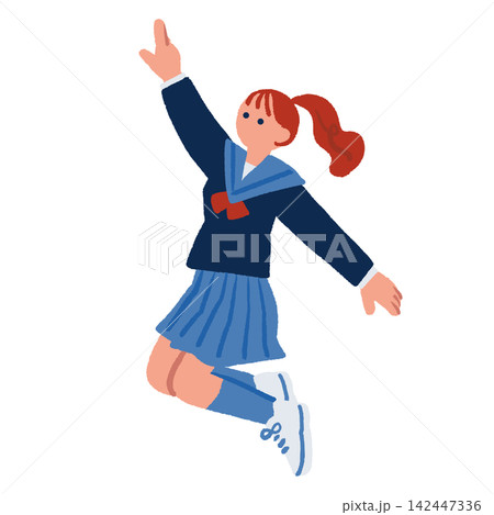 斜め上を指差してポーズする女子学生のイラスト 142447336