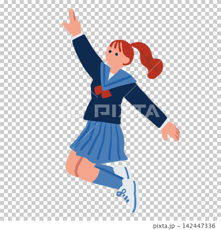 斜め上を指差してポーズする女子学生のイラスト 142447336