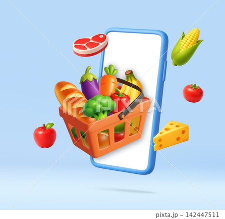3d Online Grocery Shopping Concept With Smartphone Basket 3d Online Grocery Shopping Concept With Smartphone Basket 142447511