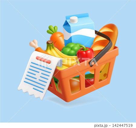 3d Grocery Basket With Fresh Food And Receipt. 142447519