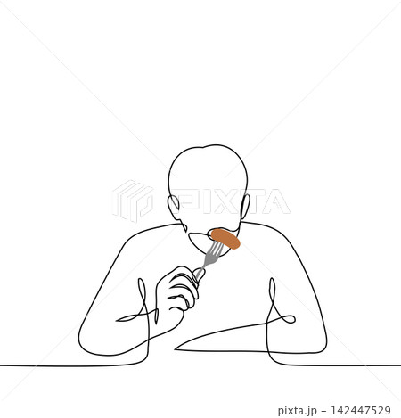 man sits and eats a sausage from a fork - one line drawing vector. concept of eating sausages, meat eating man sits and eats a sausage from a fork - one line drawing vector. concept of eating sausages, meat eating 142447529