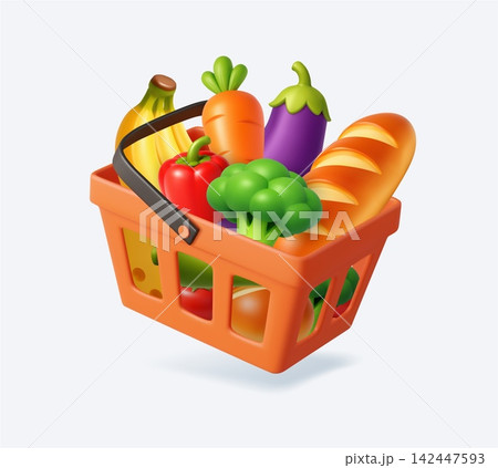3d Grocery Basket Filled With Fresh Food. 3d Grocery Basket Filled With Fresh Food. 142447593