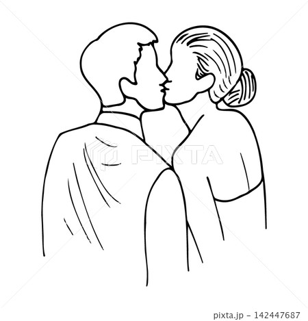 bride and groom kiss, angle from the back. hand drawn man and woman kiss bride and groom kiss, angle from the back. hand drawn man and woman kiss 142447687