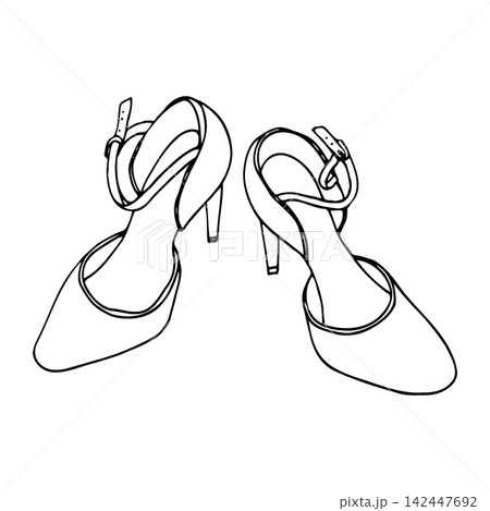 top view of Pumps With Straps. hand drawn pair of women's shoes drawing 142447692