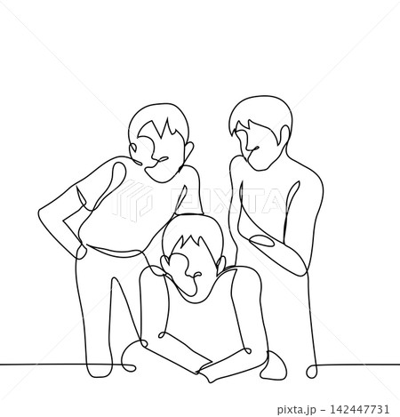 group of men looking at viewer, fisheye frame - one line drawing vector. concept observers, posing for photo, square crop group of men looking at viewer, fisheye frame - one line drawing vector. concept observers, posing for photo, square crop 142447731