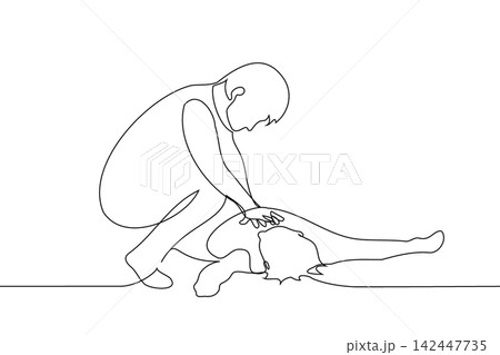 man makes an indirect heart massage to a lying person - one line drawing. first aid concept man makes an indirect heart massage to a lying person - one line drawing. first aid concept 142447735