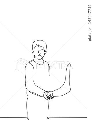 man shaking hands with someone - one line drawing vector. concept of saying hello to an unpleasant person, uncommunicative person, an angry person who is being forced 142447736