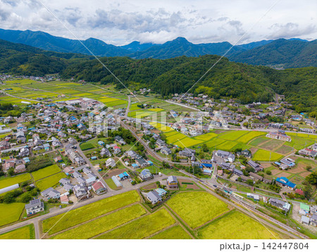 【ドローン空撮】長野県上田市・実りの時期を迎える塩田平【長野県】 【ドローン空撮】長野県上田市・実りの時期を迎える塩田平【長野県】 142447804