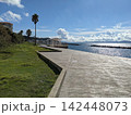 パームツリーと白いあずま屋が南国リゾート風な横須賀・野比海岸公園から見る遊歩道 142448073