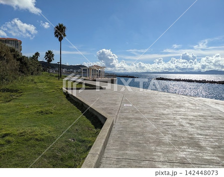 パームツリーと白いあずま屋が南国リゾート風な横須賀・野比海岸公園から見る遊歩道 パームツリーと白いあずま屋が南国リゾート風な横須賀・野比海岸公園から見る遊歩道 142448073