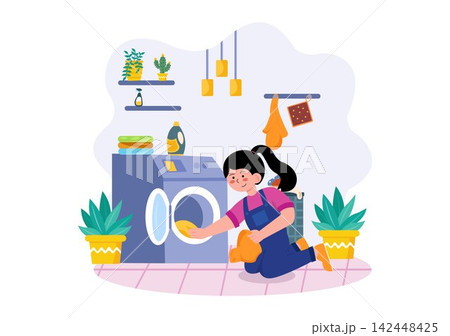 Home Cleaning Service Vector Illustration Featuring Professional Housekeeping, Household Chores, Cleaning Tools, Hygiene, and Domestic Care Home Cleaning Service Vector Illustration Featuring Professional Housekeeping, Household Chores, Cleaning Tools, Hygiene, and Domestic Care 142448425