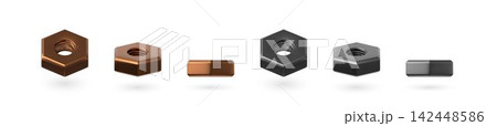 Metal copper and chrome screw hexagon shape 3D vector set, construction fastener bolt head, bronze hardware elements 142448586