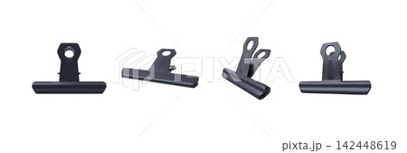 3D black binder clip vector icons set, realistic binder clasp file document attachment, volume paperclip stationery tool 3D black binder clip vector icons set, realistic binder clasp file document attachment, volume paperclip stationery tool 142448619