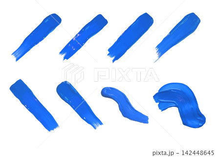 Blue paint brush strokes, realistic diagonally oil acrylic paint stripe, textured dye art creative 3d design vector set 142448645
