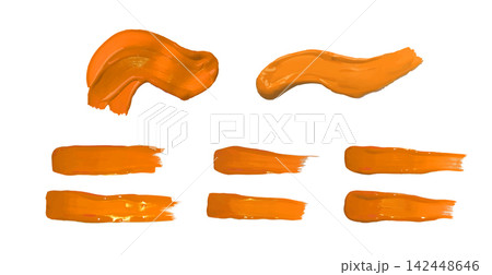 Orange paint brush strokes, realistic horizontal oil or acrylic paint stripe, textured dye artistic 3d design vector set 142448646